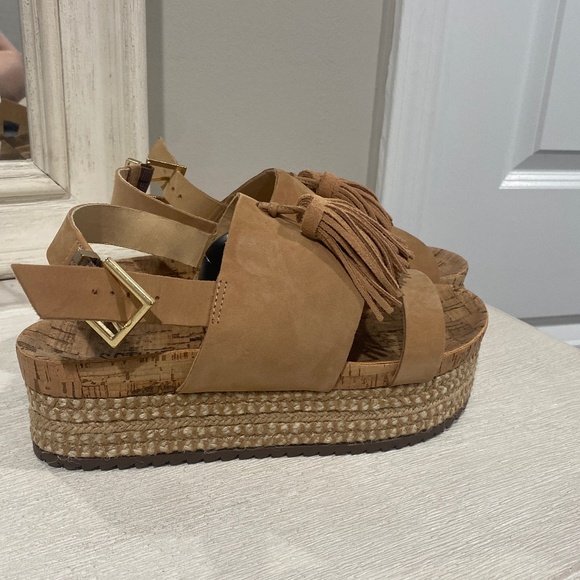 SCHUTZ- Monicca Desert Nude Suede Cork with Tassel Platform Sandal - Picture 2 of 6